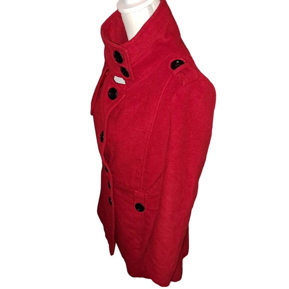 FLIRTY RED Coat Black Fleece Buttons peek-a-boo button up neck Sz SMALL Ladies - Picture 4 of 11